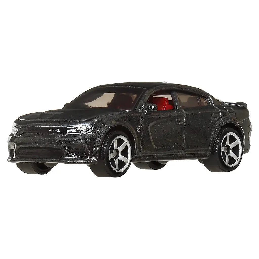Black die-cast Matchbox 2020 Dodge Charger SRT Hellcat toy car with metallic finish, five-spoke wheels, and detailed red interior, shown from a front-side angled view.