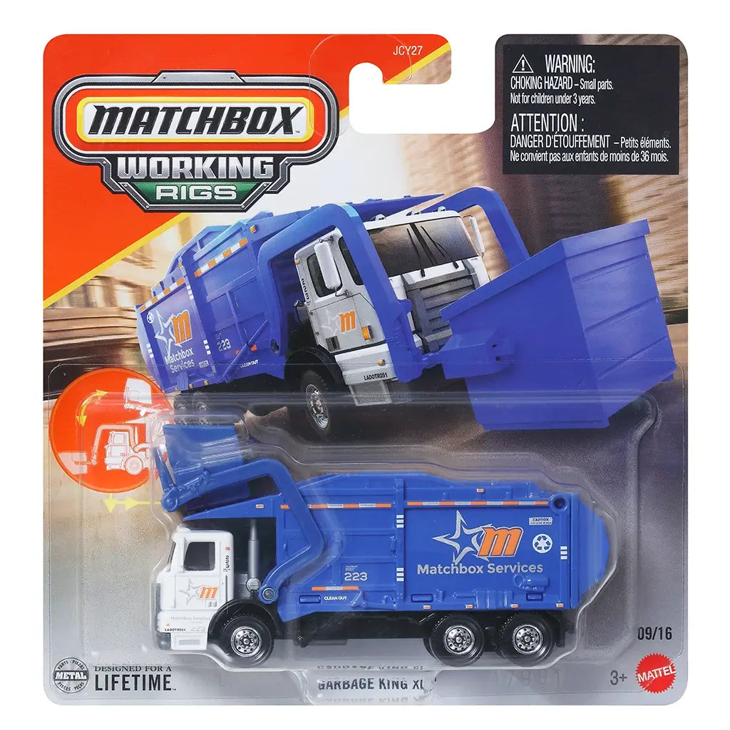 Matchbox Working Rigs Garbage King XL retail packaging displaying a blue and white diecast garbage truck secured in blister pack, with bold Matchbox branding, safety warnings, and product name visible on the front.
