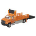 Matchbox Working Rigs GMC 3500 Attenuator Truck in bright orange and gray diecast metal with flatbed rear, mounted impact attenuator panel, rolling wheels, and detailed highway service styling on a clean white background.