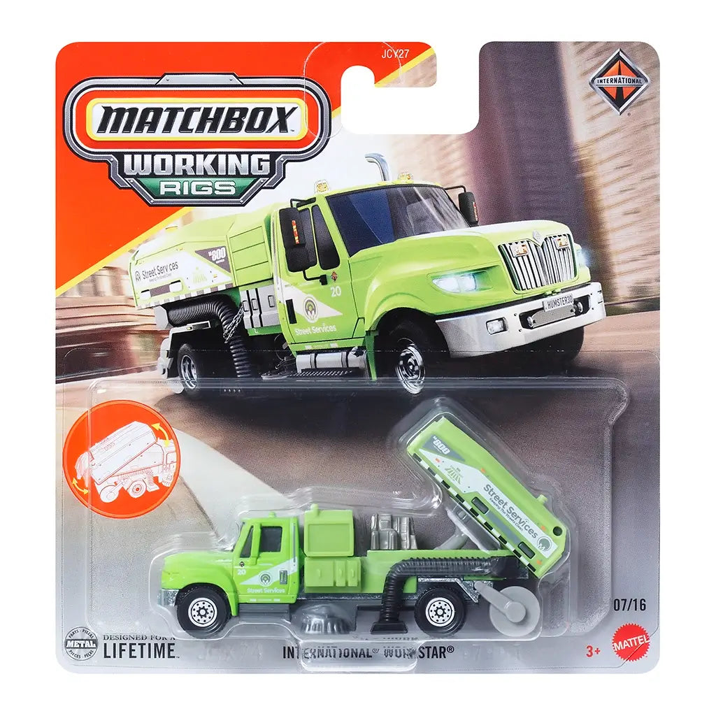Packaged Matchbox Working Rigs International WorkStar street sweeper toy truck in green with city service graphics, shown in clear blister packaging with bold street cleaning artwork.