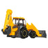 Matchbox Working Rigs MBX Backhoe angled view highlighting articulated joints, black treaded wheels with yellow rims, molded cab details, and functional front and rear buckets on a clean white studio background.