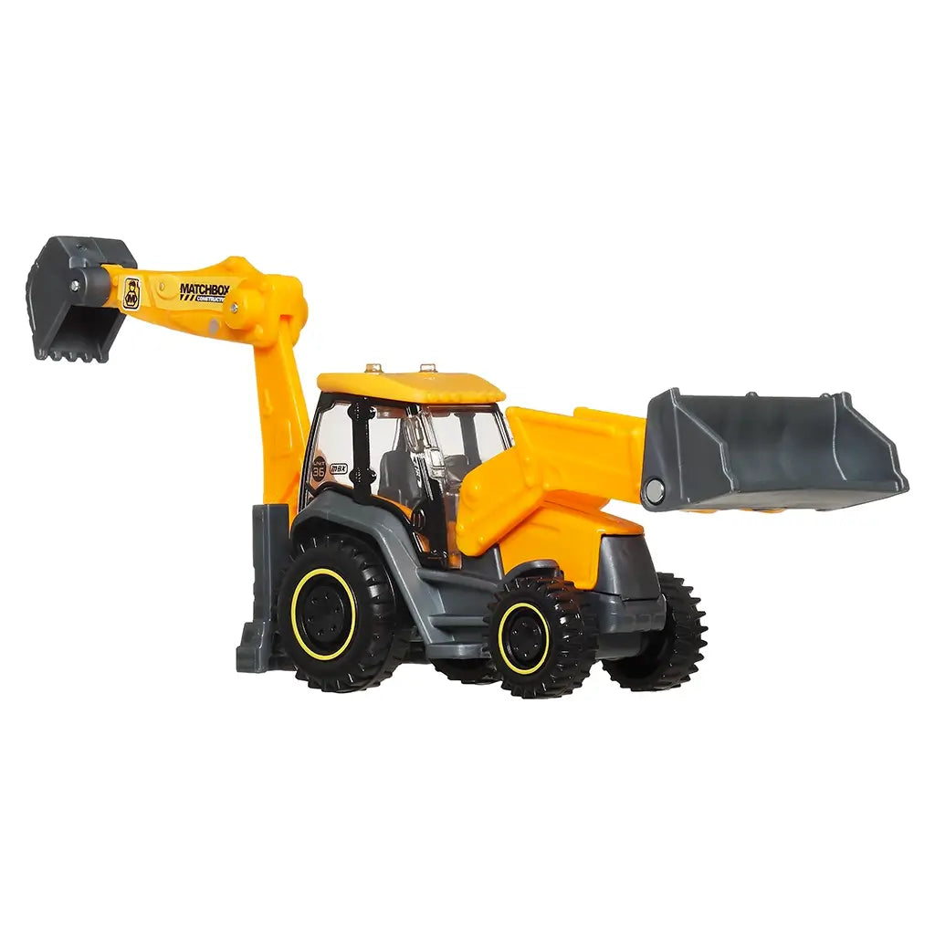 Matchbox Working Rigs MBX Backhoe toy shown in an angled view with yellow diecast body, gray chassis, raised front loader, extended rear excavator arm, and detailed construction features against a white background.