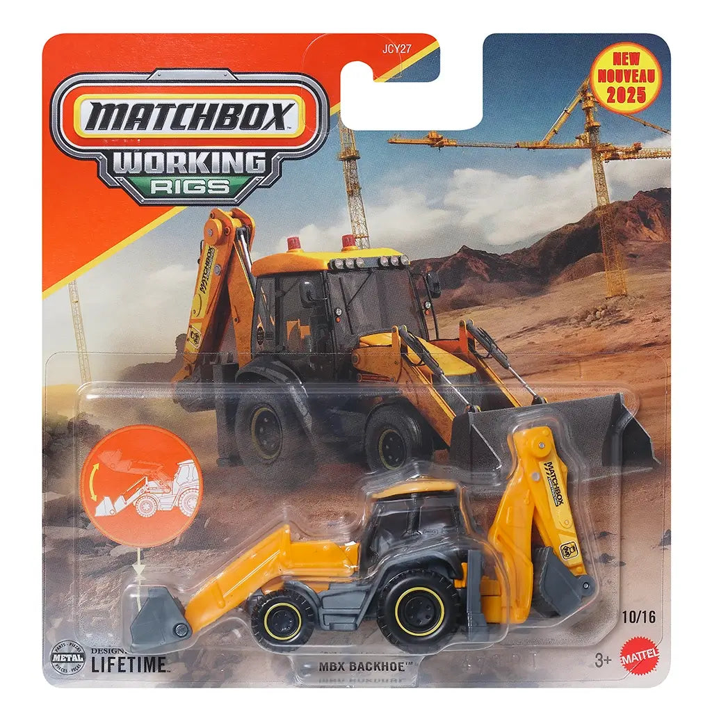 Matchbox Working Rigs MBX Backhoe retail packaging featuring a yellow and gray diecast backhoe loader secured in blister pack, with Matchbox branding, construction scene artwork, age marking, and product name visible.