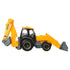 Matchbox Working Rigs MBX Backhoe side view displaying yellow metal body, gray cab and frame, articulated loader arms, rear excavator bucket, and accurate 1:64 scale proportions on a white background.