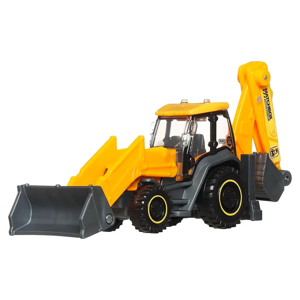 Matchbox Working Rigs MBX Backhoe diecast construction vehicle in bright yellow and dark gray metal with articulated front loader bucket, rear digging arm, rolling wheels, and realistic utility styling on a white background.
