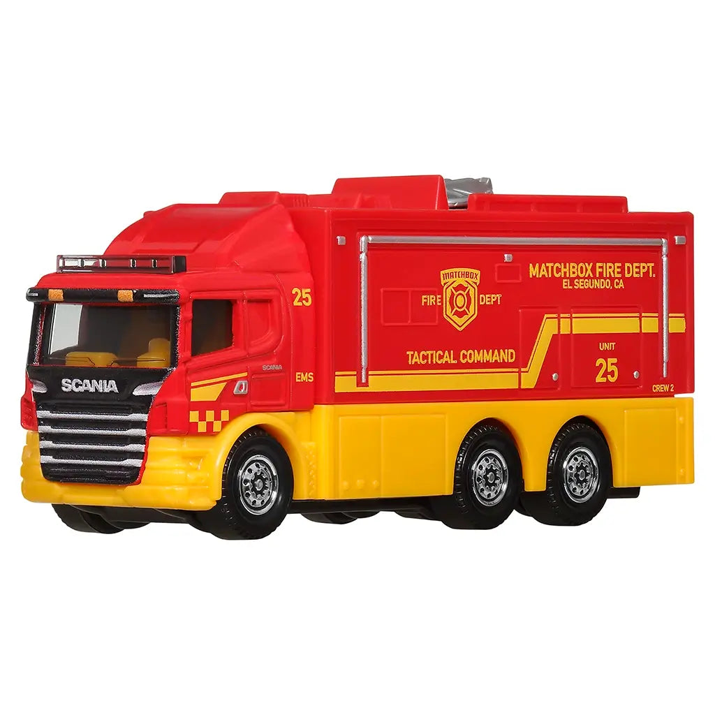 Matchbox Scania Tactical Command Center toy fire truck in red and yellow die-cast metal with bold fire department graphics, designed as a detailed emergency response vehicle for kids.