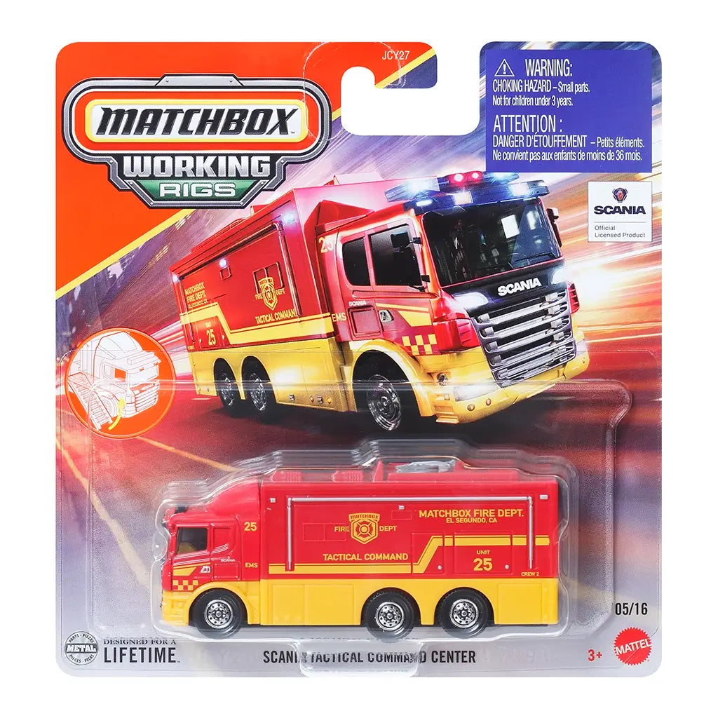 Packaged Matchbox Working Rigs Scania Tactical Command Center toy in red and yellow, displayed in clear blister packaging with fire truck artwork and official licensed branding.