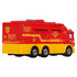 Rear angled view of Matchbox Scania Tactical Command Center toy vehicle in red and yellow with bold tactical command markings, multiple wheels, and detailed fire rescue design.