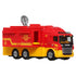 Bright red and yellow Matchbox Scania Tactical Command Center fire truck toy with six wheels, fire department insignia, and movable parts for realistic emergency play scenes.