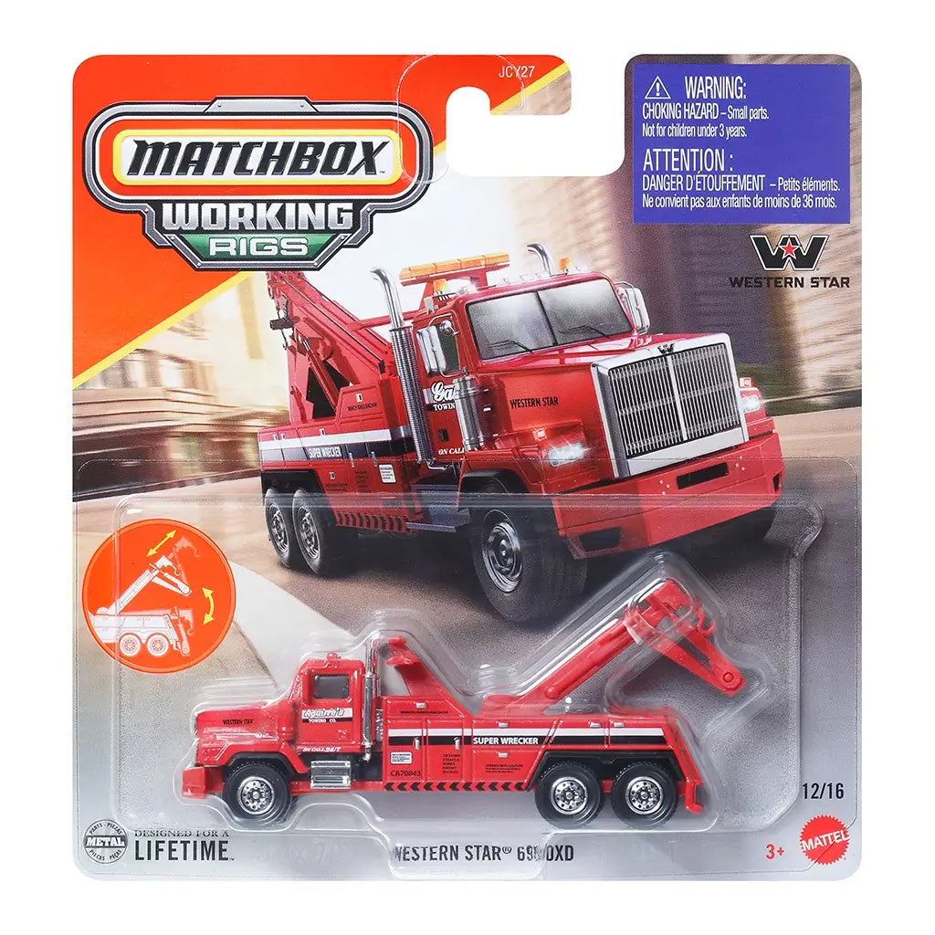 Packaged Matchbox Working Rigs Western Star 6900XD Super Wrecker toy truck in red with tow arm, shown in retail blister pack with branding, warnings, and age label.
