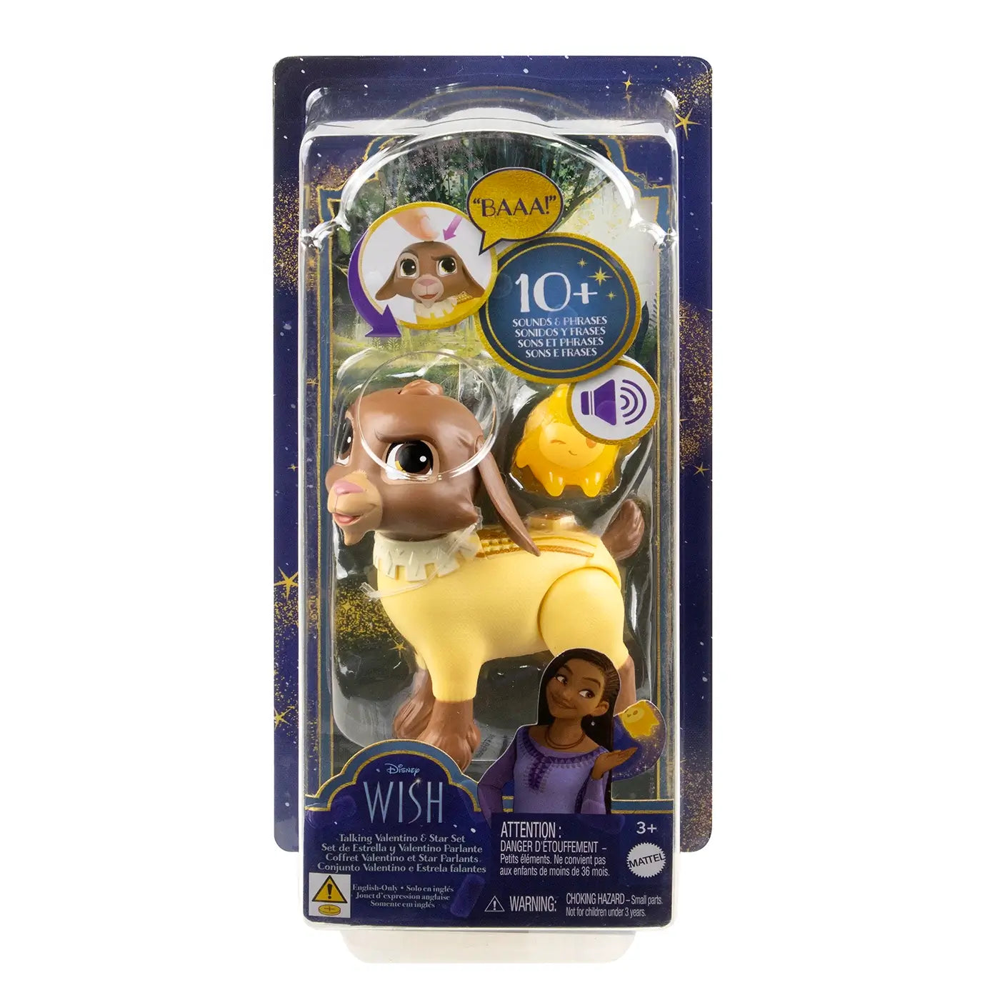 Disney Wish Talking Valentino & Star Set in retail packaging, includes goat figure in yellow sweater and glittery Star accessory with over 10 sounds and phrases.