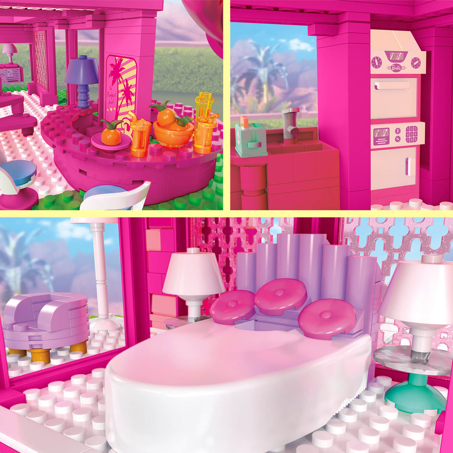 MEGA Barbie Dreamhouse featuers shows the different living areas and accessories.