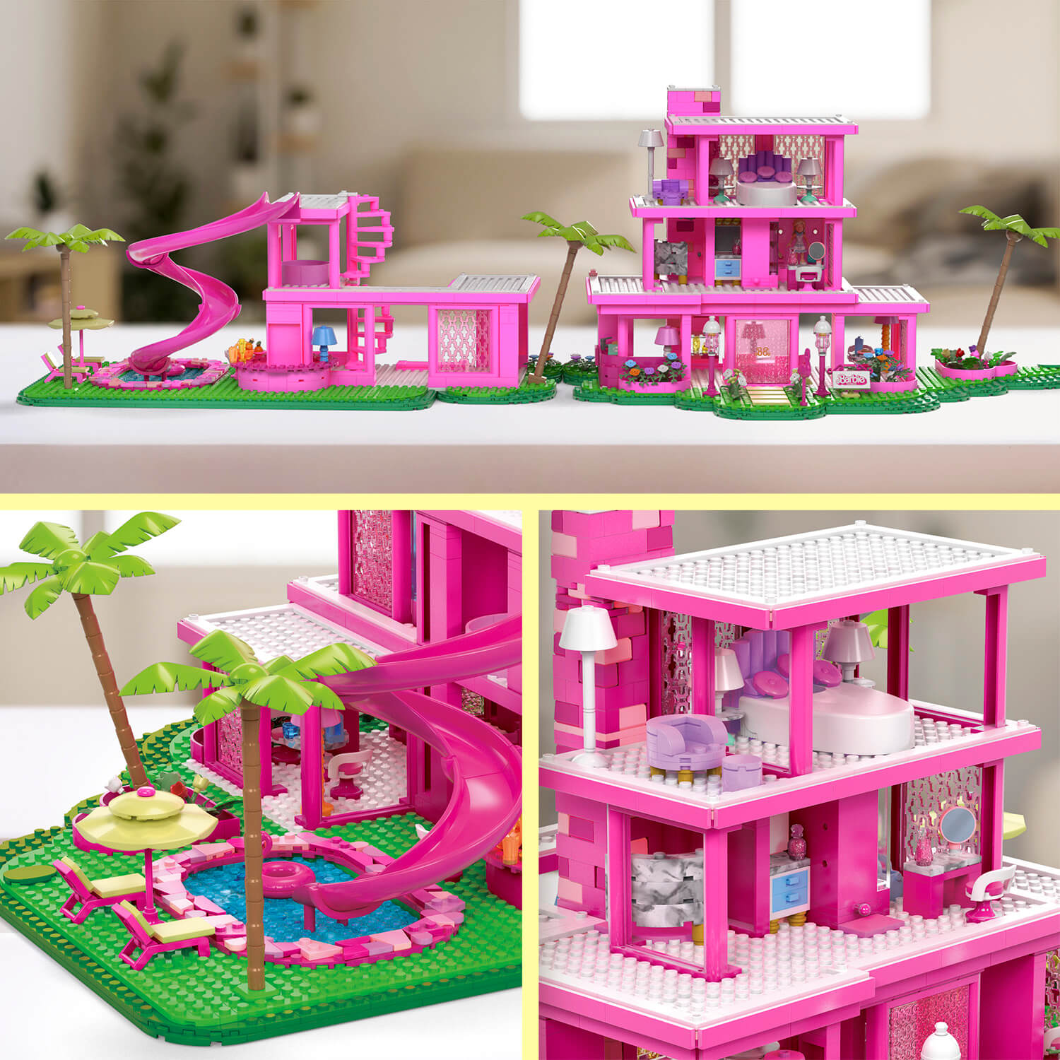 MEGA Barbie dreamhouse feature views shows it folded open, the upper floors, and the pool and slide area.