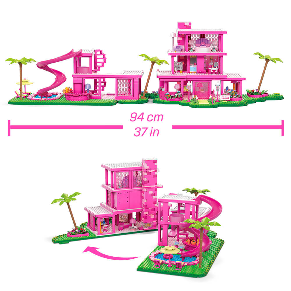 Barbie Dreeamhouse building kit built, showing fold-out feature reaches 37 inches wide.