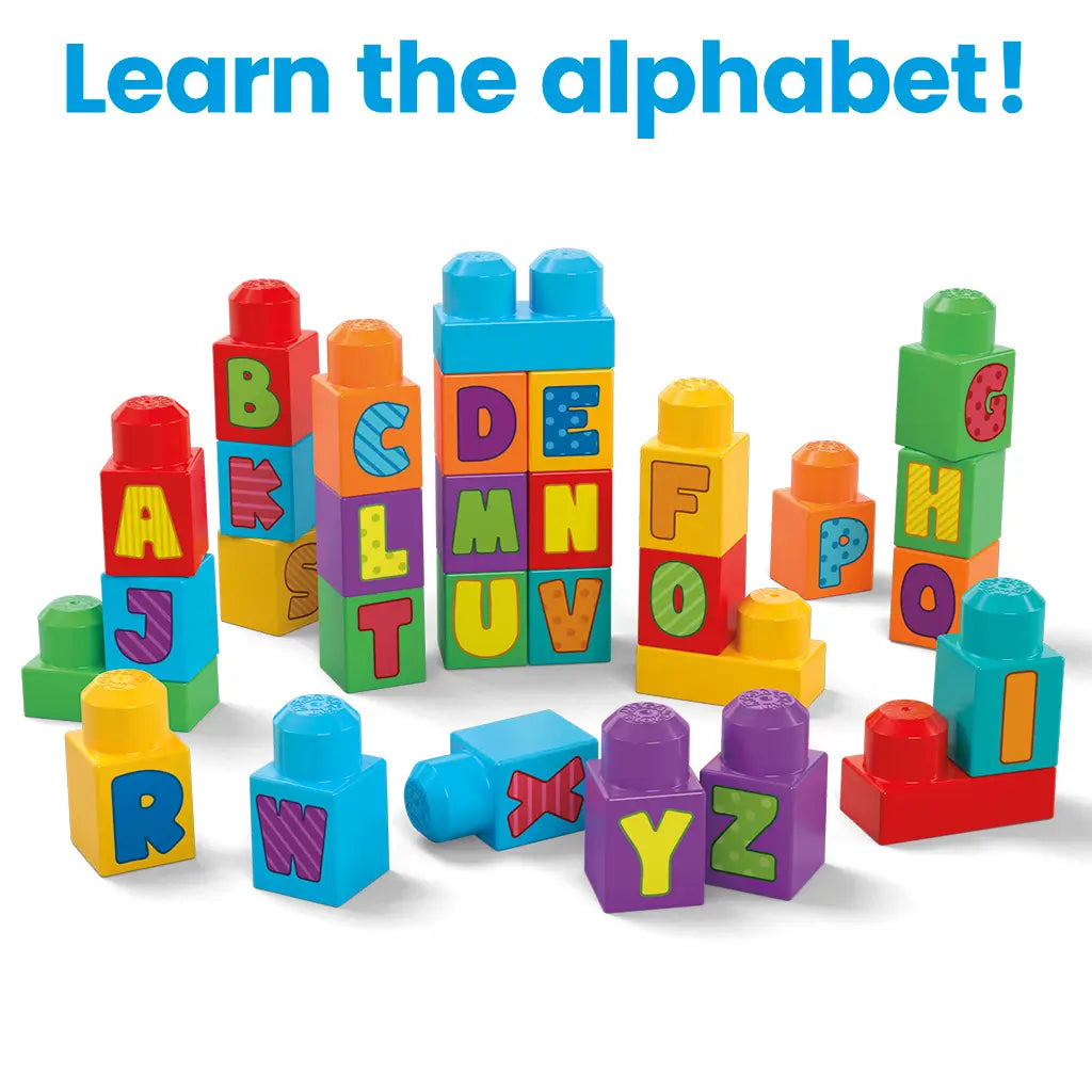 Alphabet-themed Mega Bloks stacked upright with bright letters A to Z, promoting preschool literacy through hands-on play and letter recognition.