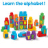 Alphabet-themed Mega Bloks stacked upright with bright letters A to Z, promoting preschool literacy through hands-on play and letter recognition.