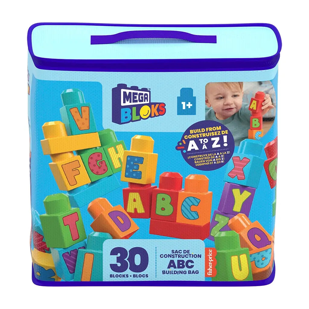 Front view of Mega Bloks ABC Building Bag showing 30 alphabet blocks inside a reusable zippered bag for toddlers aged 1+, with bold letters on each block.