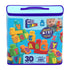 Front view of Mega Bloks ABC Building Bag showing 30 alphabet blocks inside a reusable zippered bag for toddlers aged 1+, with bold letters on each block.