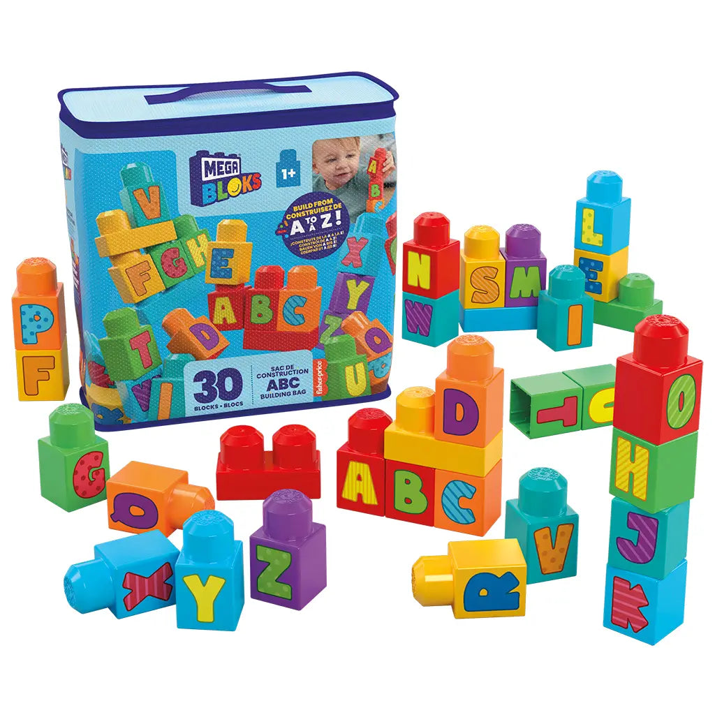 Colorful Mega Bloks ABC building set with 30 easy-to-grip blocks featuring alphabet letters, designed for toddlers ages 1 and up to support early learning.