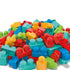 Brightly colored Mega Bloks toy set displays a pile of red, yellow, blue, and green plastic building blocks, stacked and scattered across a white background.