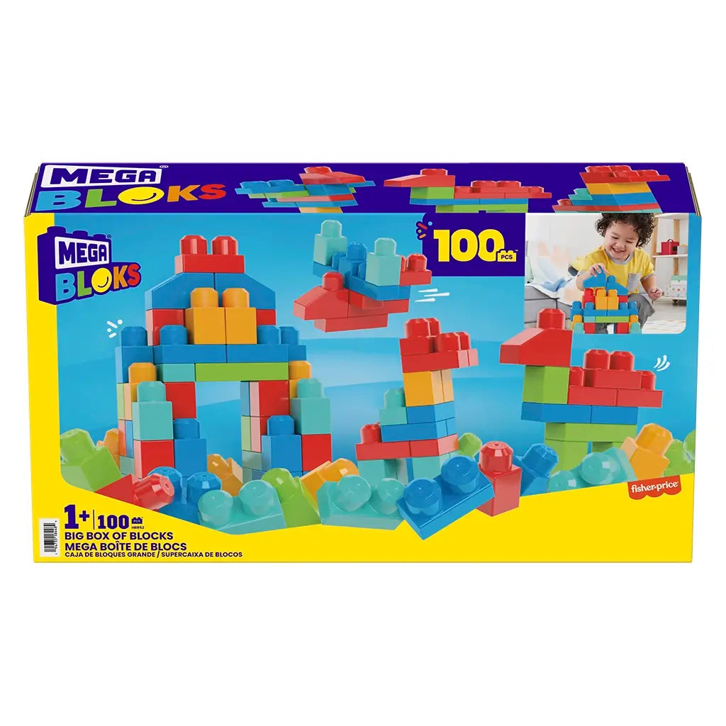 Front packaging of Mega Bloks Big Box of Blocks highlights 100 colorful red, blue, yellow, and green pieces with images of toy structures and a smiling child playing.
