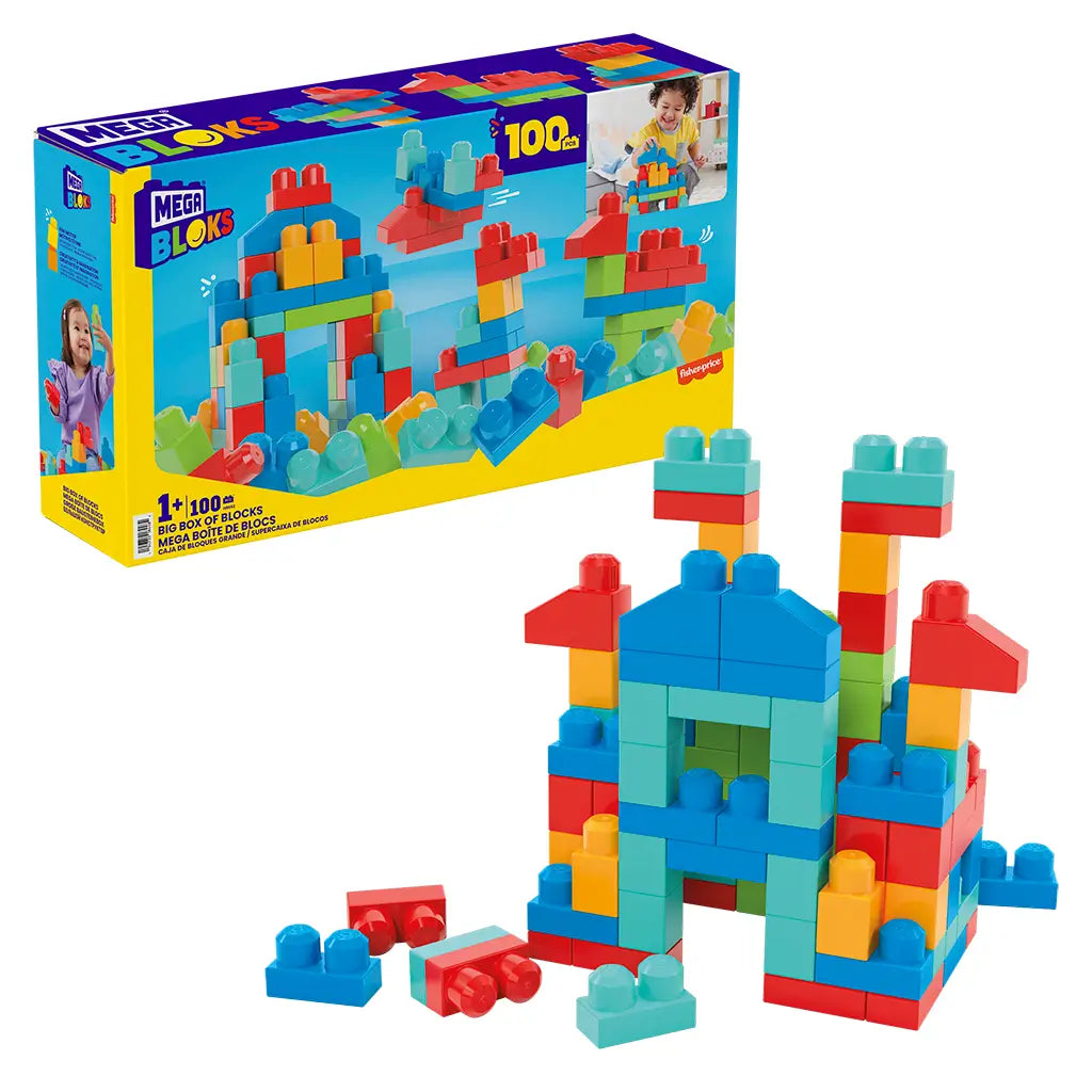 Mega Bloks Big Box of Blocks set includes colorful red, blue, green, and yellow plastic building pieces, shown assembled into a tall toy structure beside the package box.