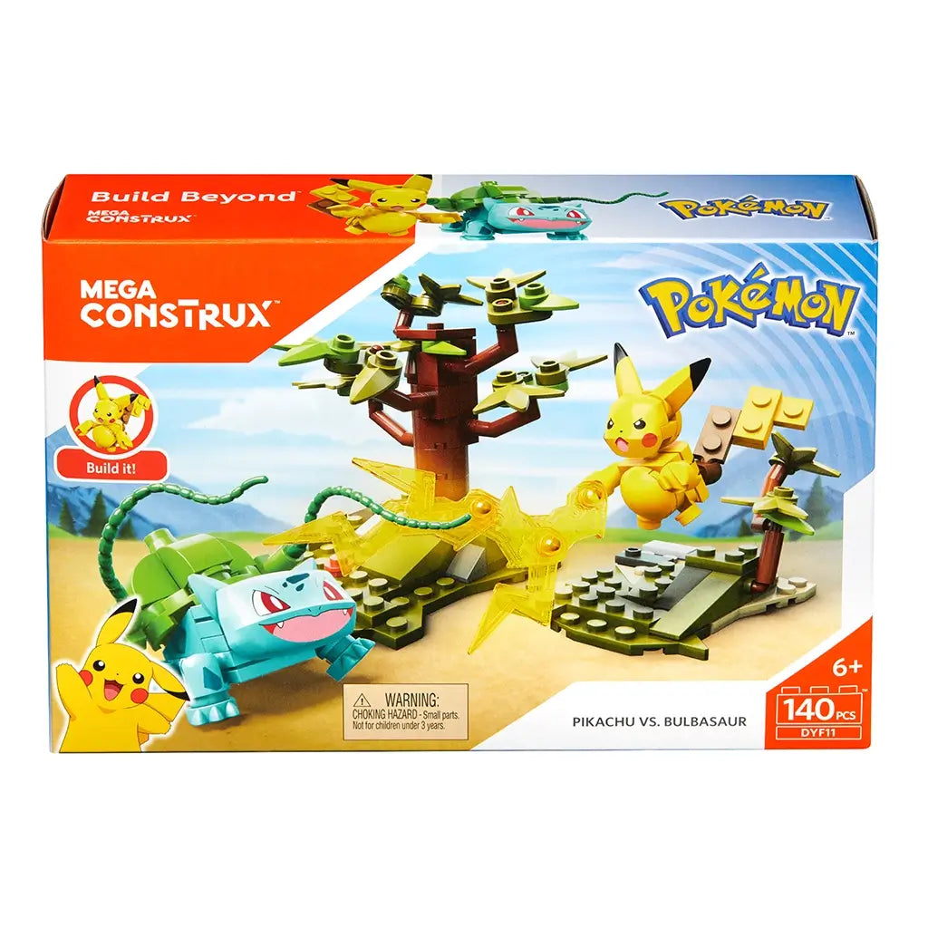 Front view of Mega Construx Pokémon Pikachu vs. Bulbasaur construction toy packaging showing 140-piece set with detailed battle environment, figures, and Pokémon branding.