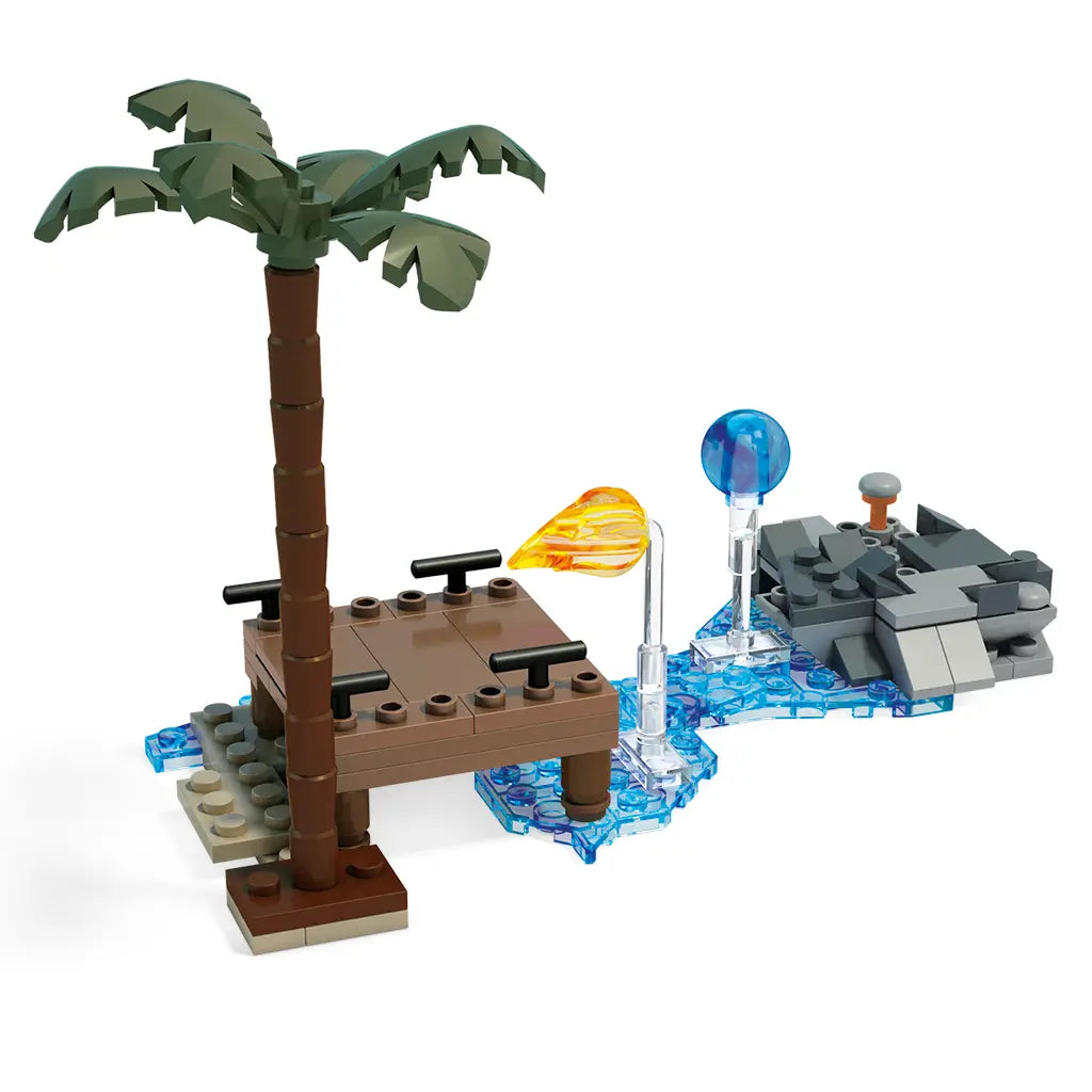 Mega Construx Pokémon tropical buildable beach scene with palm tree, wooden dock, rocky water base, and fire and water effect pieces designed as a battle stage for Litten and Popplio figures.