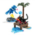 Mega Construx Pokémon Popplio vs. Litten playset featuring a black and red Litten figure on a wooden dock under a palm tree while blue Popplio leaps with a water effect piece nearby.