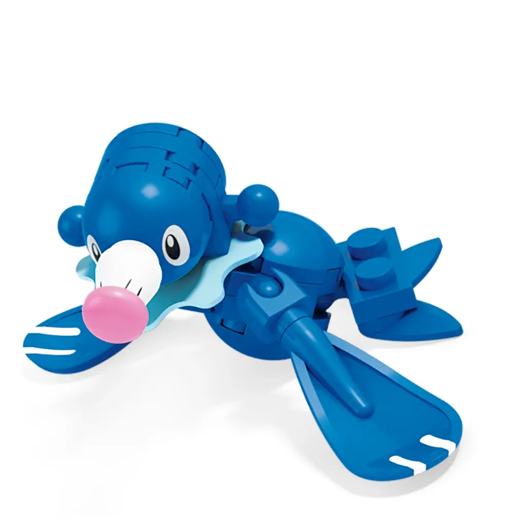 Buildable Mega Construx Pokémon Popplio figure in bright blue with pink nose and flipper details, posed playfully as part of the Popplio vs. Litten construction toy set battle scene.