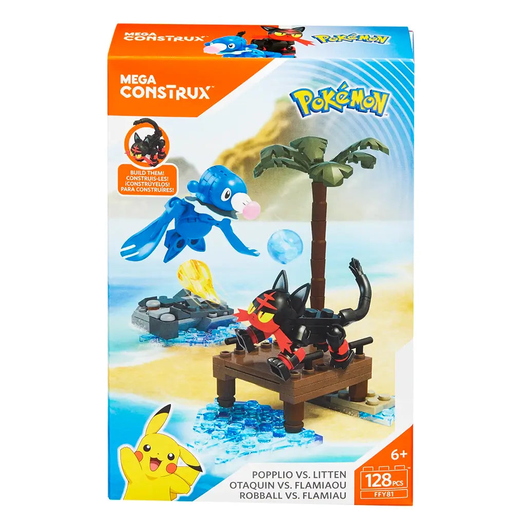 Front view of Mega Construx Pokémon Popplio vs. Litten building set box, showing Pikachu artwork, set details, and the figures battling on a tropical dock with palm tree and water base.