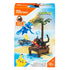 Front view of Mega Construx Pokémon Popplio vs. Litten building set box, showing Pikachu artwork, set details, and the figures battling on a tropical dock with palm tree and water base.