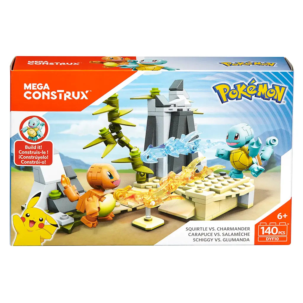 Mega Construx Pokémon Squirtle vs. Charmander set packaging, showing 140-piece build with characters battling in a rocky environment, for ages six and older.