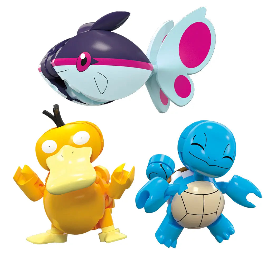 Three buildable Mega Pokémon figures, Psyduck in yellow, Squirtle in blue with shell, and Finneon with purple body and pink fins, displayed separately on a white background.