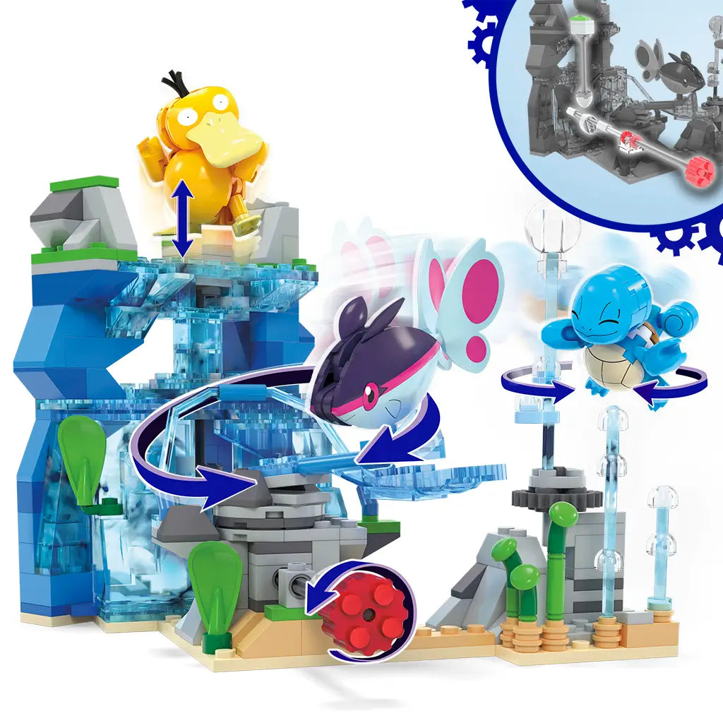 Mega Pokémon Aquatic Adventure set in action, with Psyduck rising, Finneon leaping, and Squirtle spinning, demonstrating build-with-motion interactive play features in water scene.