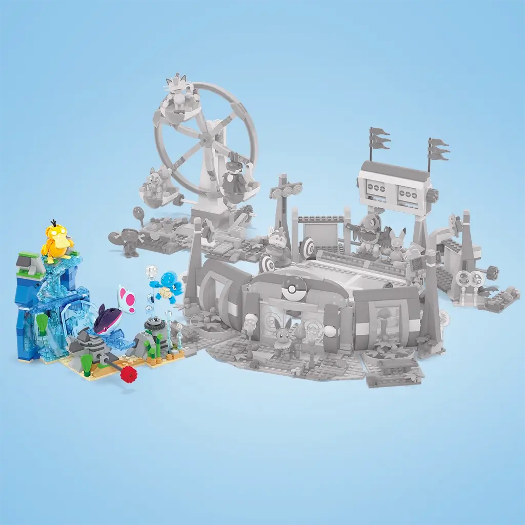Mega Pokémon Aquatic Adventure set shown on left beside larger Pokémon building sets in grayscale, highlighting its bright blue waterfall blocks with Psyduck, Finneon, and Squirtle.