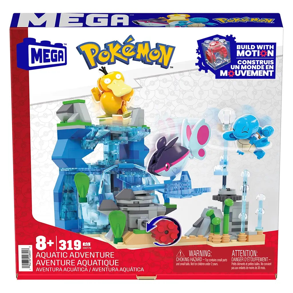 Mega Pokémon Aquatic Adventure box front shows 319-piece set with Squirtle, Psyduck, and Finneon against a rocky waterfall backdrop, promoting build-with-motion play features.