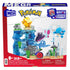 Mega Pokémon Aquatic Adventure box front shows 319-piece set with Squirtle, Psyduck, and Finneon against a rocky waterfall backdrop, promoting build-with-motion play features.