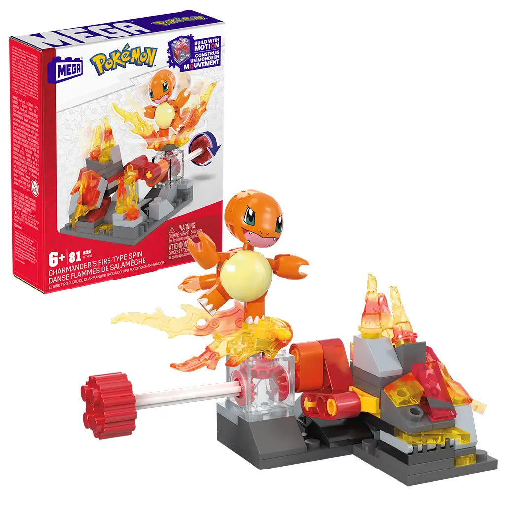 Mega Pokémon Charmander’s Fire-Type Spin building set with 81 pieces, featuring a posable Charmander figure and fiery spinning battle platform, designed for kids ages 6 and up.