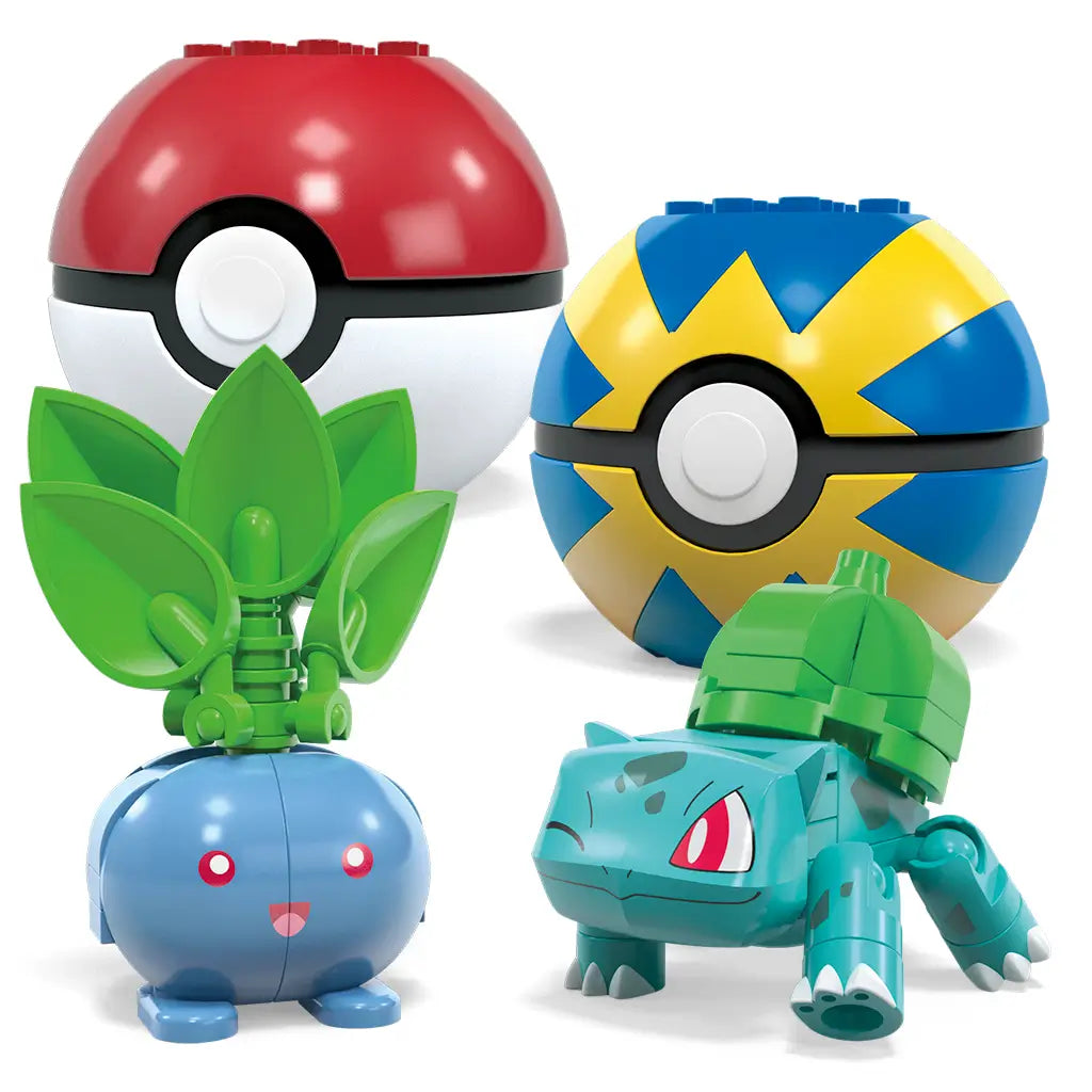 Red, blue, yellow, and green Poké Ball toys with Mega Pokémon building figures of Oddish and Bulbasaur, featuring vibrant blocky details and expressive Pokémon faces.