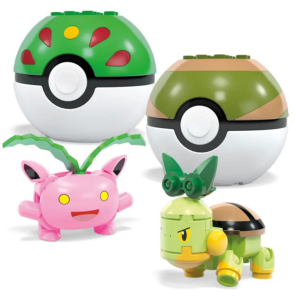 Green and brown Poké Ball toys with Mega Pokémon building figures of pink Hoppip and green Turtwig, featuring blocky design and playful expressions for imaginative play.