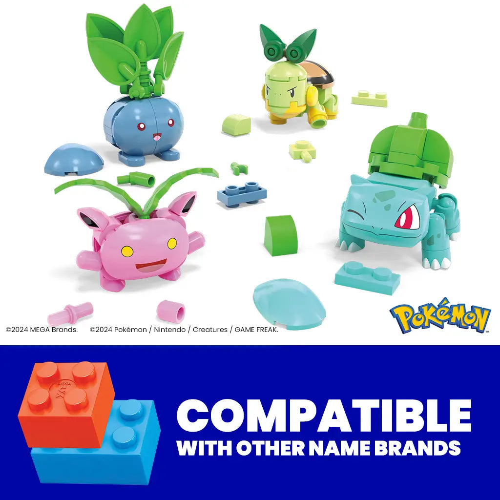 Mega Pokémon building figures Hoppip, Oddish, Turtwig, and Bulbasaur shown disassembled with colorful blocks, highlighting toy compatibility with other major brick brands.