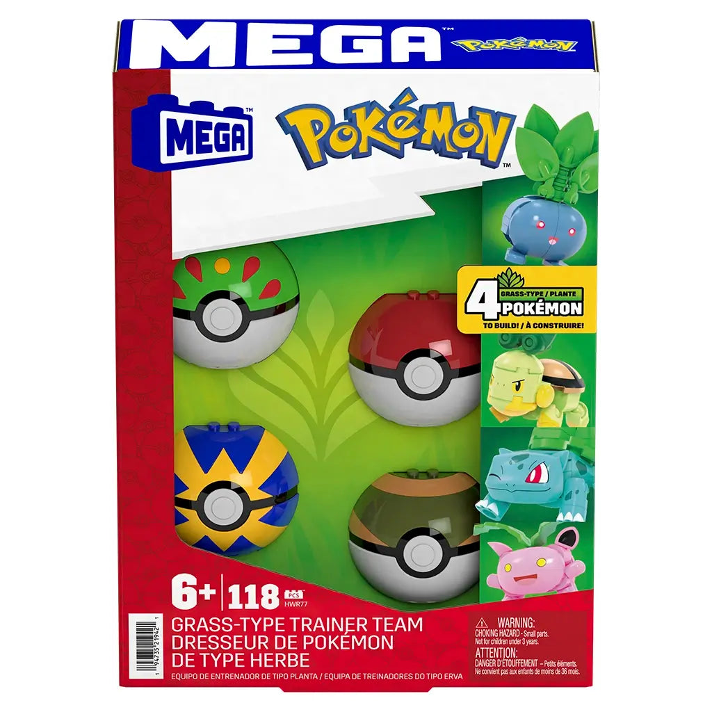 Front packaging of Mega Pokémon Grass-Type Trainer Team set, displaying four Poké Balls and block figures of Hoppip, Oddish, Turtwig, and Bulbasaur for ages 6 and up.
