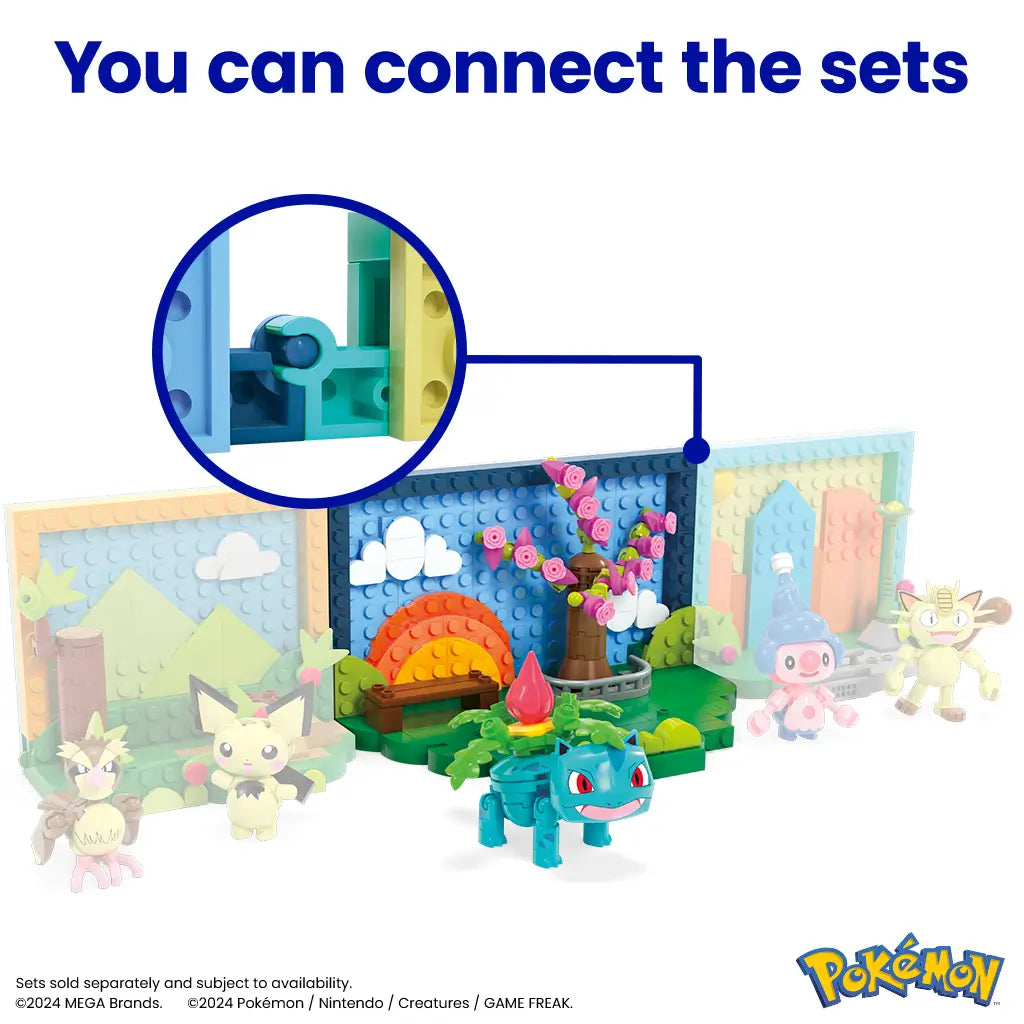 Mega Pokémon Park Scene promotional image highlights set connectivity with Ivysaur park display linked to other buildable scenes featuring Pokémon figures like Meowth and Pichu.