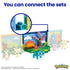 Mega Pokémon Park Scene promotional image highlights set connectivity with Ivysaur park display linked to other buildable scenes featuring Pokémon figures like Meowth and Pichu.