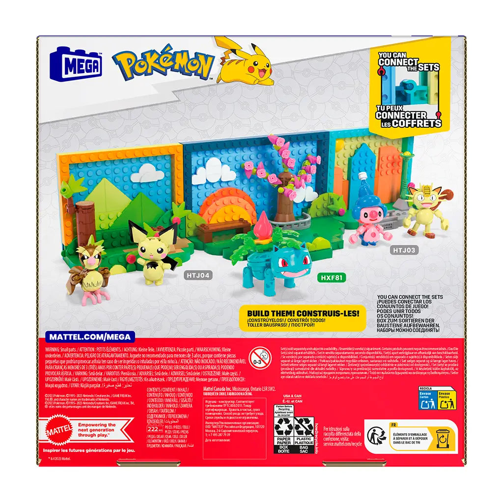 Back of Mega Pokémon Park Scene box shows Ivysaur with colorful brick-built park, connectable playsets, and additional characters like Pichu, Meowth, and Mime Jr. displayed.
