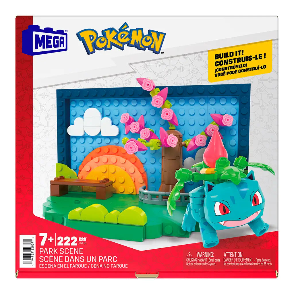 Front of Mega Pokémon Park Scene building set box features Ivysaur with pink blossoming tree, grassy park scene, and bright brick sunset background designed for ages seven plus.