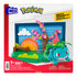 Front of Mega Pokémon Park Scene building set box features Ivysaur with pink blossoming tree, grassy park scene, and bright brick sunset background designed for ages seven plus.