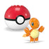 Mega Pokémon Charmander toy figure built from plastic blocks, posed smiling with one eye closed, displayed next to large red and white Poké Ball case with visible stud connectors on top.