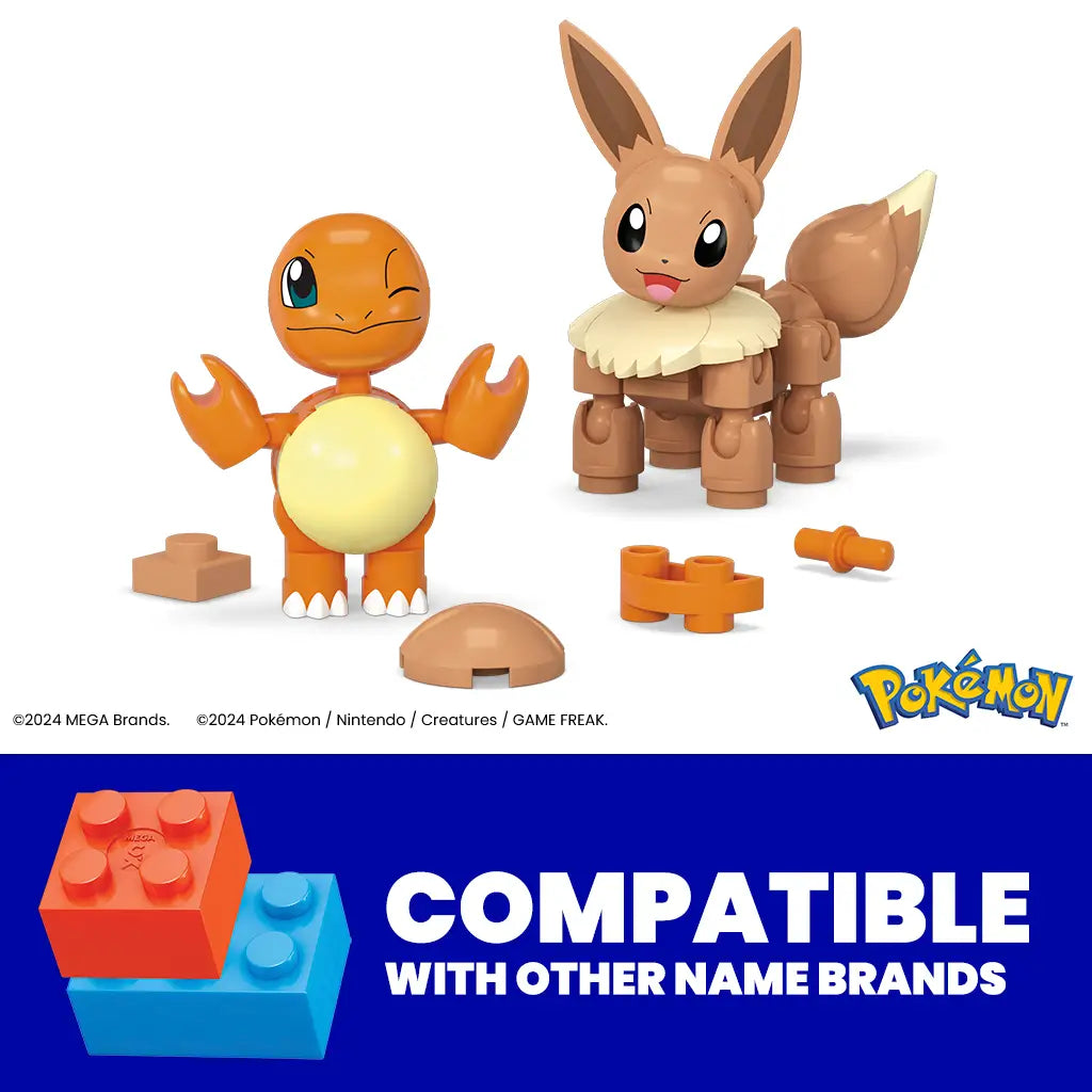 Mega Pokémon Charmander and Eevee block figures with extra parts, shown above text noting compatibility with other name brand building blocks, placed on blue promotional background.